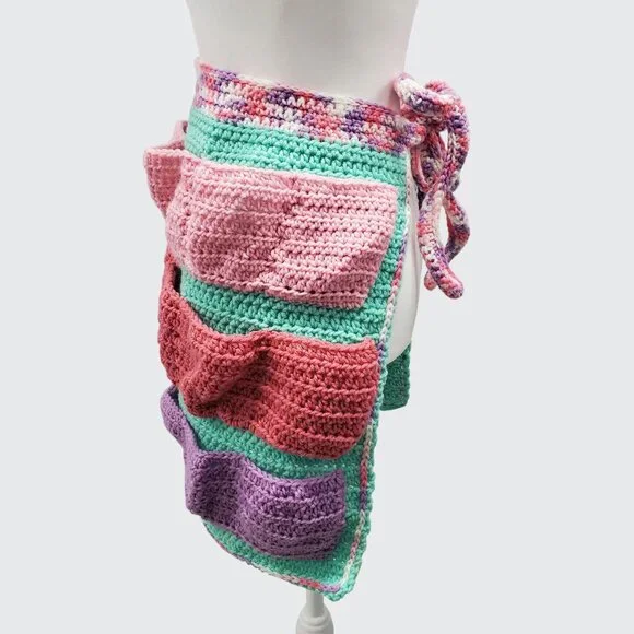 Egg Collecting Apron Blue Pink Purple Yarn Handmade Crochet Apron - Picture 2 of 5